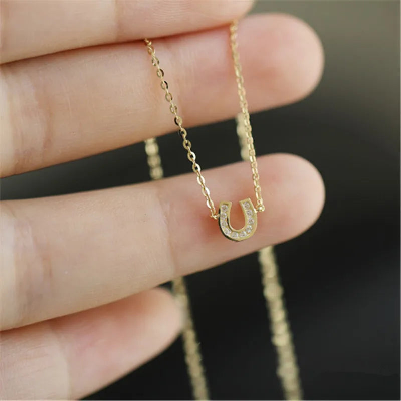 925 Sterling Silver 14K Gold Plated Pavé Crystal Horseshoe U Shape Pendant Necklace Women Fashion Jewelry Accessories.