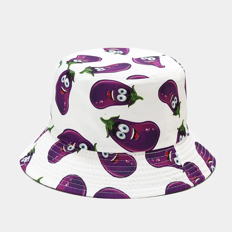 Vegetable Print Cotton Bucket Hat - Unisex Fisherman Sun Cap for Outdoor Travel.