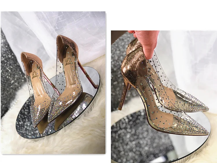 2024 Spring Office Ladies Sexy Pumps Woman PVC Transparent Thin High Heels Crystal Diamond Light Pointed Toe for Women's Shoes - Elevate Your Body