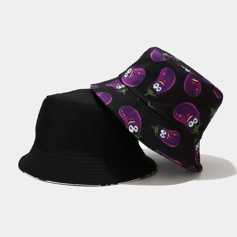 Vegetable Print Cotton Bucket Hat - Unisex Fisherman Sun Cap for Outdoor Travel.