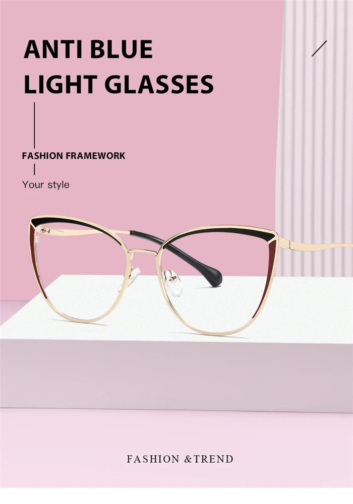 Women's Cat Eye Prescription Glasses with Anti-Blue Light for Nearsightedness - Metal Spring Leg Eyewear Range -0.5 to -6.0.