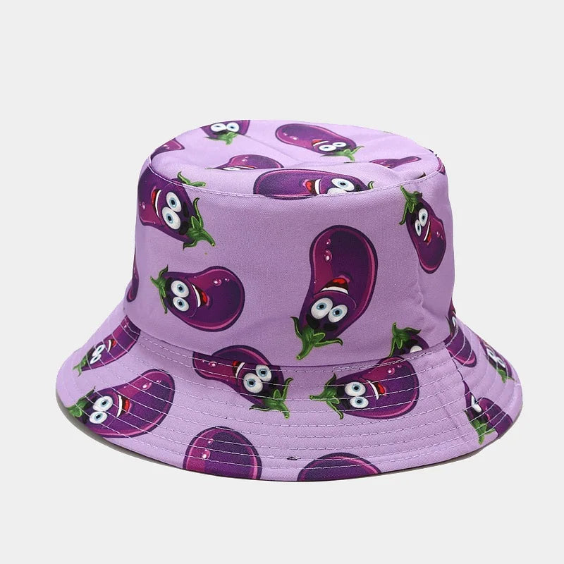 Vegetable Print Cotton Bucket Hat - Unisex Fisherman Sun Cap for Outdoor Travel.