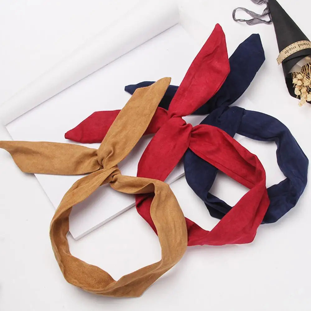 Retro Suede Rabbit Ears Cross Bow Headband Hair Accessories for Summer Fashion.