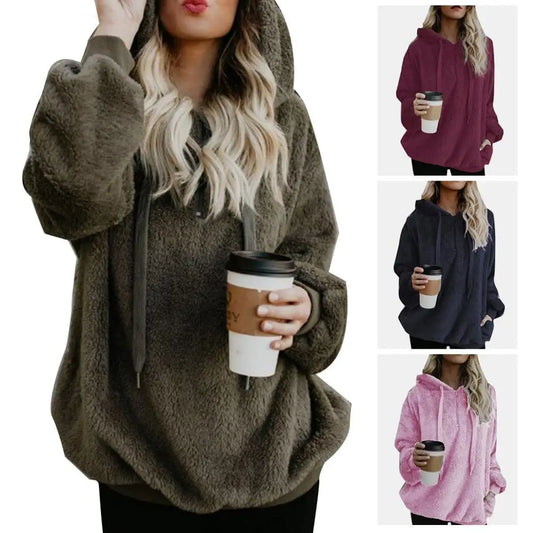 Fashion Women Over size Hoodies Sweatshirt Solid Color 1/4 Zip Up Fluffy  Hooded Tops Outwear for Women Female.