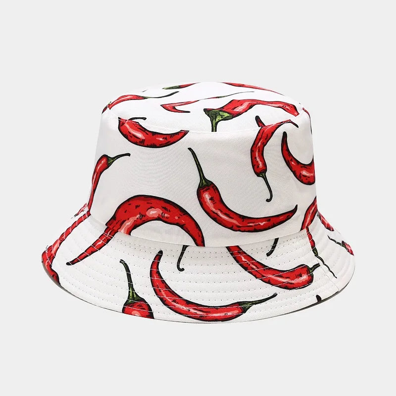 Vegetable Print Cotton Bucket Hat - Unisex Fisherman Sun Cap for Outdoor Travel.