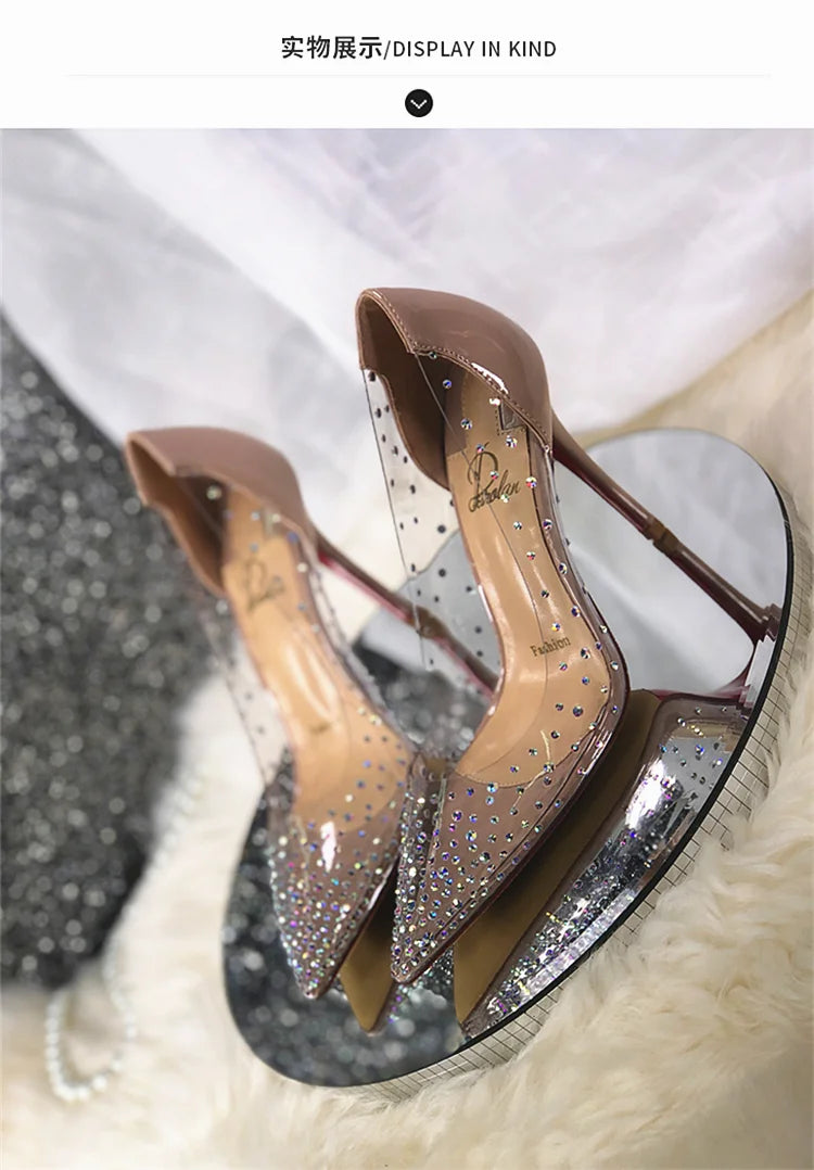 2024 Spring Office Ladies Sexy Pumps Woman PVC Transparent Thin High Heels Crystal Diamond Light Pointed Toe for Women's Shoes.