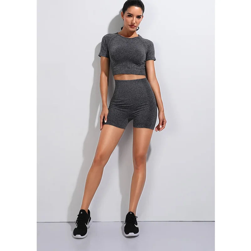 Women Seamless  set Fitness Sports Suits GYM Cloth Long Sleeve Shirts High Waist Running Leggings Workout Pants Shirts.