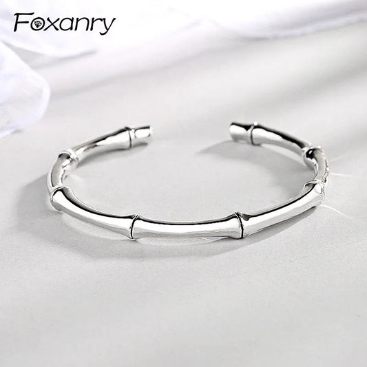 Foxanry Silver Color Vintage Bamboo Bangles&Bracelet Terndy Smooth Party Bracelet Jewelry for Women Size 55mm Adjustable.