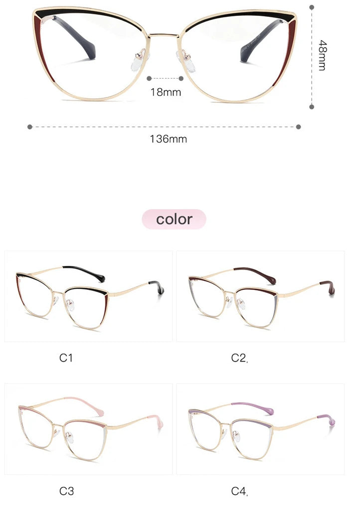 Women's Cat Eye Prescription Glasses with Anti-Blue Light for Nearsightedness - Metal Spring Leg Eyewear Range -0.5 to -6.0