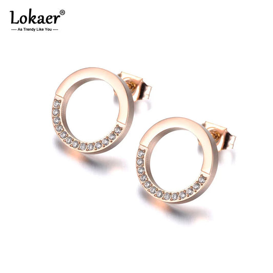 Lokaer Trendy Stainless Steel Pave Setting CZ Crystal Circle Wedding Earrings For Women Gold Plated Anniversary Jewelry E19076.