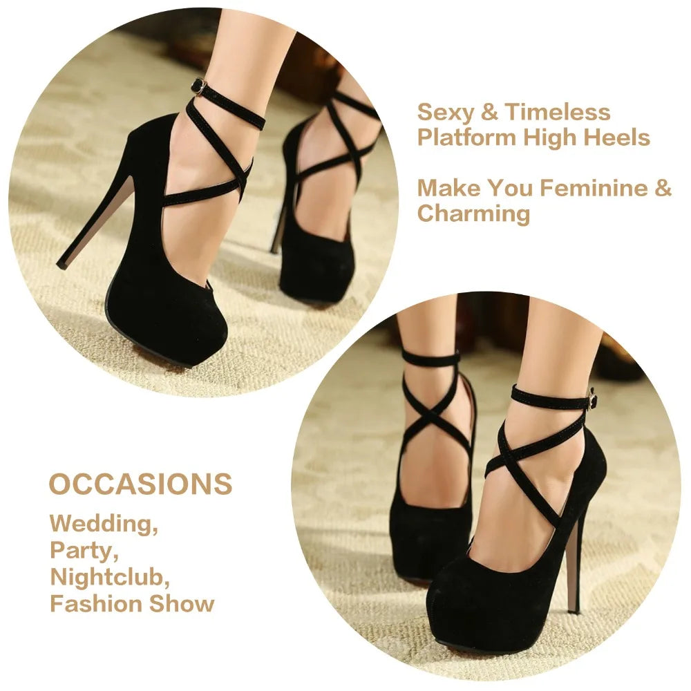 2024 New Women Pumps 14cm Super High heels ankle Strap Patent Leather Platform Sexy  Party Dress Red Wedding Shoes - Elevate Your Body