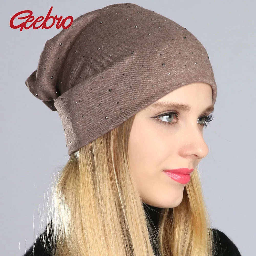 Geebro Women's Casual Rhinestone Cotton Slouchy Beanie Hat - Autumn Skullies & Beanies for Women.