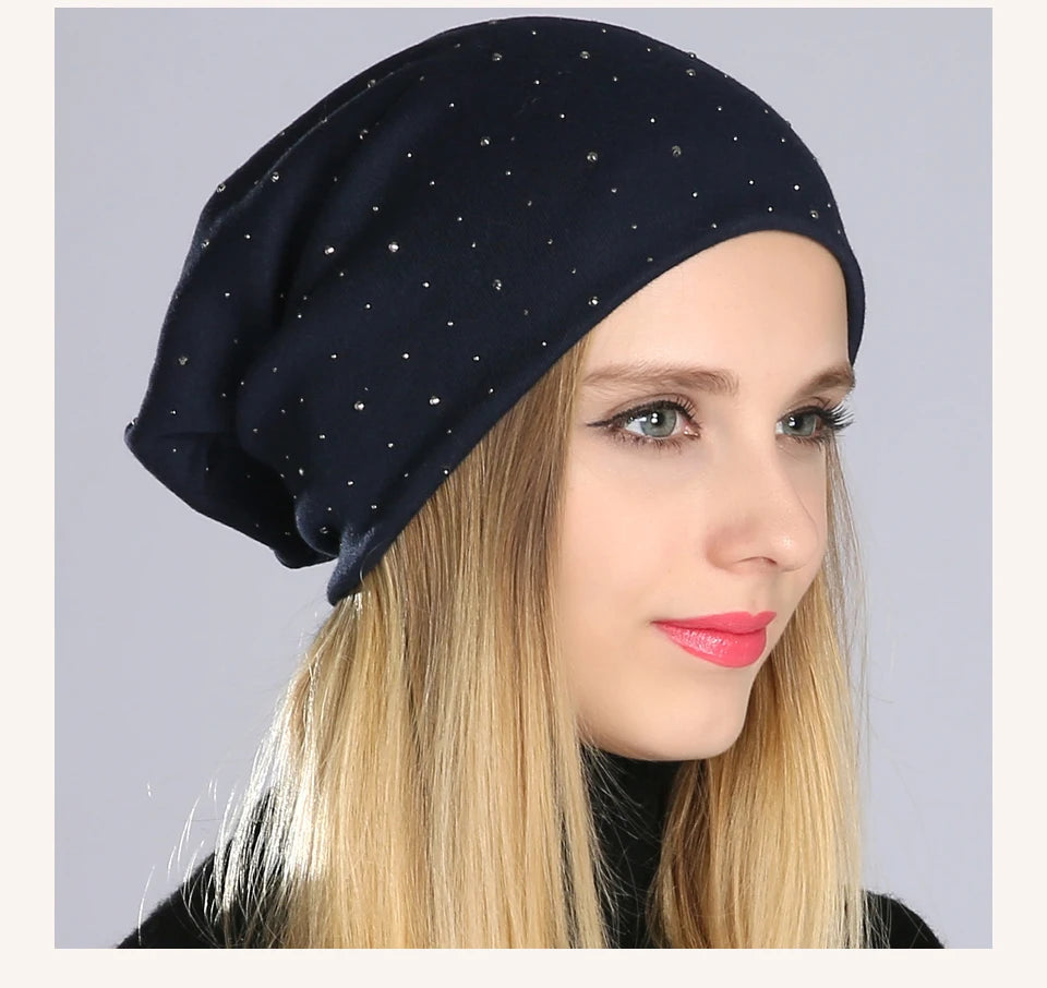 Geebro Women's Casual Rhinestone Cotton Slouchy Beanie Hat - Autumn Skullies & Beanies for Women.