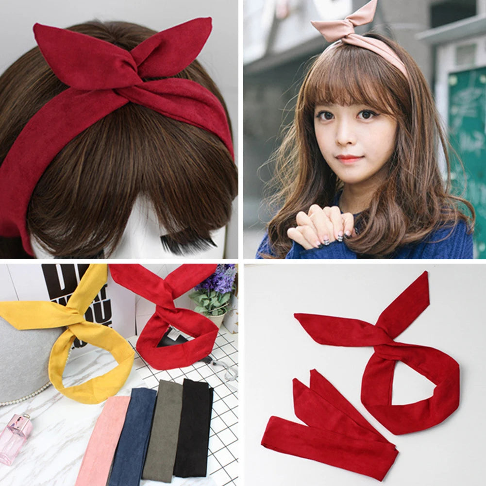 Retro Suede Rabbit Ears Cross Bow Headband Hair Accessories for Summer Fashion