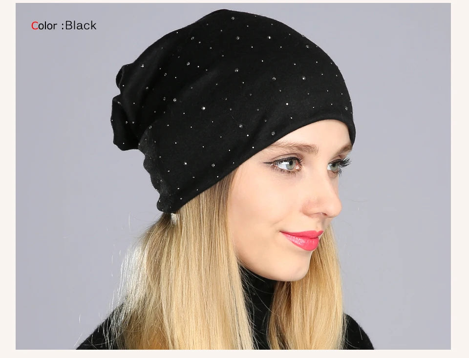 Geebro Women's Casual Rhinestone Cotton Slouchy Beanie Hat - Autumn Skullies & Beanies for Women.