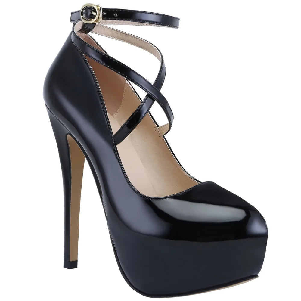 2024 New Women Pumps 14cm Super High heels ankle Strap Patent Leather Platform Sexy  Party Dress Red Wedding Shoes.