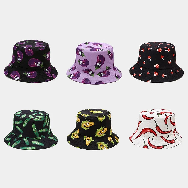 Vegetable Print Cotton Bucket Hat - Unisex Fisherman Sun Cap for Outdoor Travel.