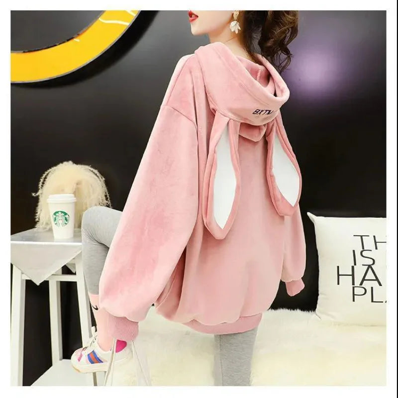 Autumn Sweet Women Hoodies Korean Style Fashion Cute Rabbit Ears Hooded Pullovers Loose Long Sleeve Kawaii Sweatshirts Female.