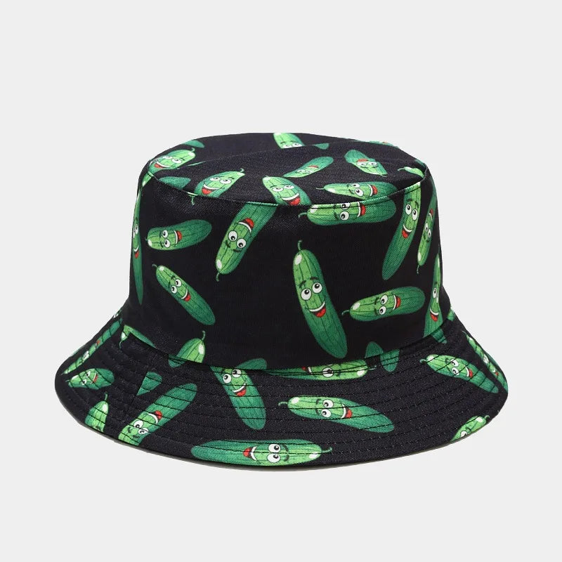 Vegetable Print Cotton Bucket Hat - Unisex Fisherman Sun Cap for Outdoor Travel.