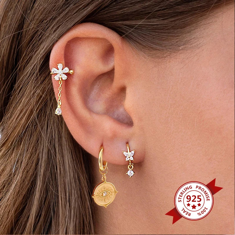 925 Sterling Silver Ear needle European And American Style Hoop Earrings Round square Pendientes Fashion For Women Birthday Gift