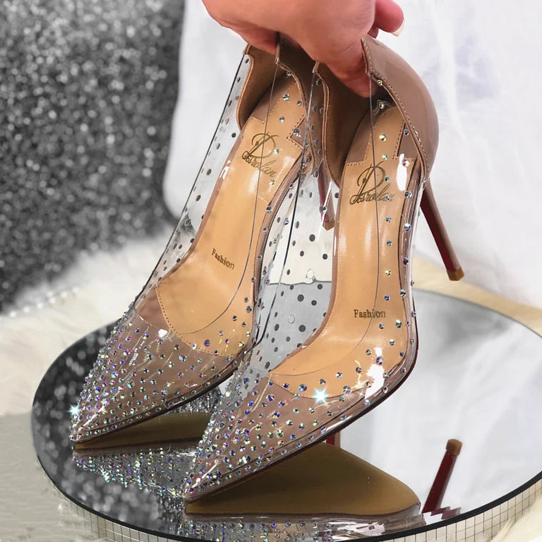 2024 Spring Office Ladies Sexy Pumps Woman PVC Transparent Thin High Heels Crystal Diamond Light Pointed Toe for Women's Shoes.