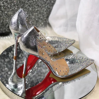 2024 Spring Office Ladies Sexy Pumps Woman PVC Transparent Thin High Heels Crystal Diamond Light Pointed Toe for Women's Shoes.