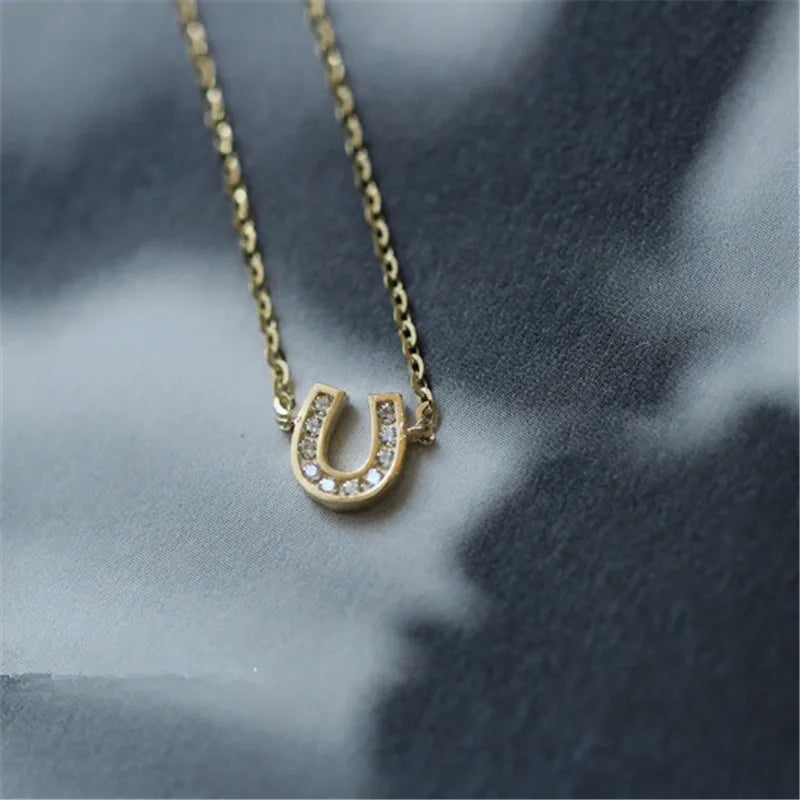 925 Sterling Silver 14K Gold Plated Pavé Crystal Horseshoe U Shape Pendant Necklace Women Fashion Jewelry Accessories.