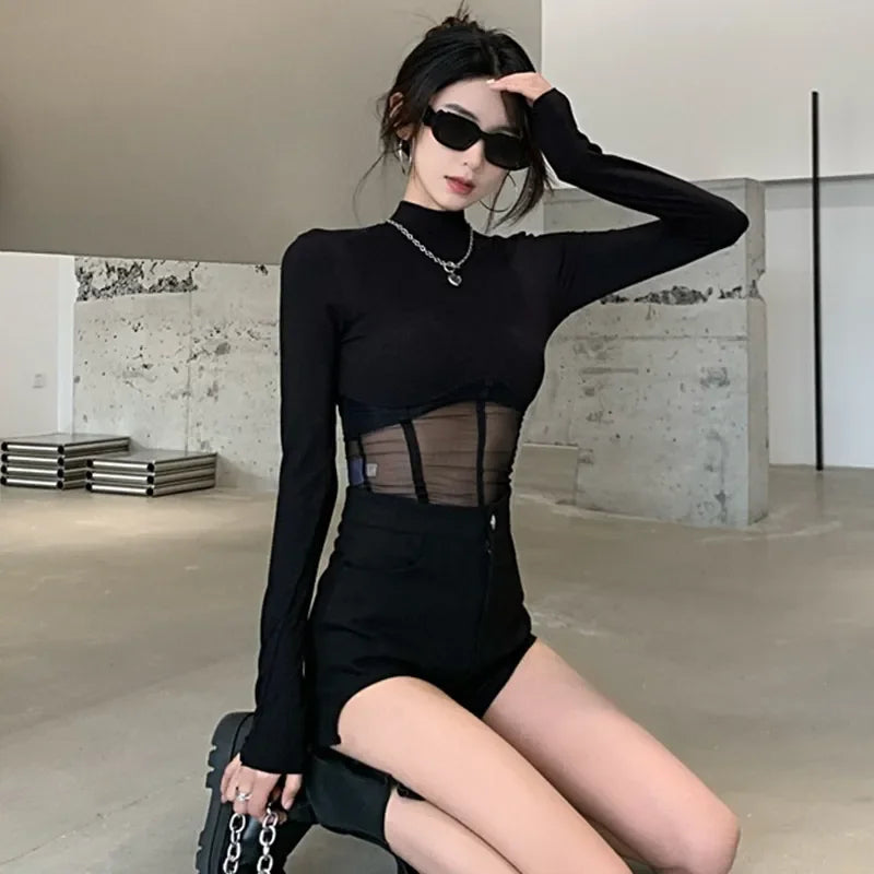 Women Summer T-shirts Sexy Transparent Mesh Crop Tops Long Sleeve Shirts Y2K Ladies Black Clubwear Skinny Slim Tees Clothes.