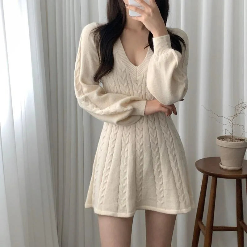 Autumn Winter V-Neck Screw Thread Women's Clothing Solid Color Pullover Long Sleeve Sweater Knitted Casual A-Line Dresses.