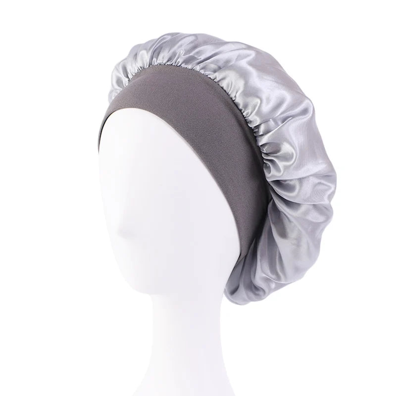 Satin Solid Wide-Brimmed Unisex Sleeping Hat - Elastic Band Hair Care Bonnet for Night Use.