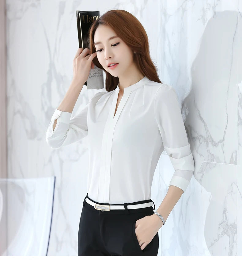 Chiffon Blouse Women Korean Fashion Women Clothing White Shirt  Long Sleeve Blouses V-neck Womens Tops Basic Shirts and Blouses - Elevate Your Body