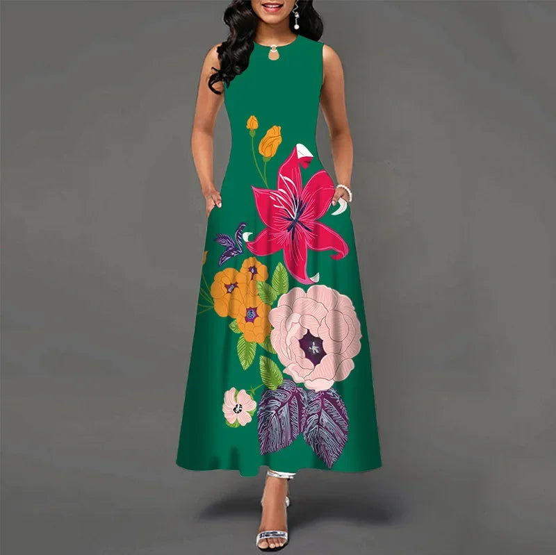 Flower Print New Casual Sleeveless Long Dress Women's V-Neck Printed Dress Swing Bohemian Retro Dresses.