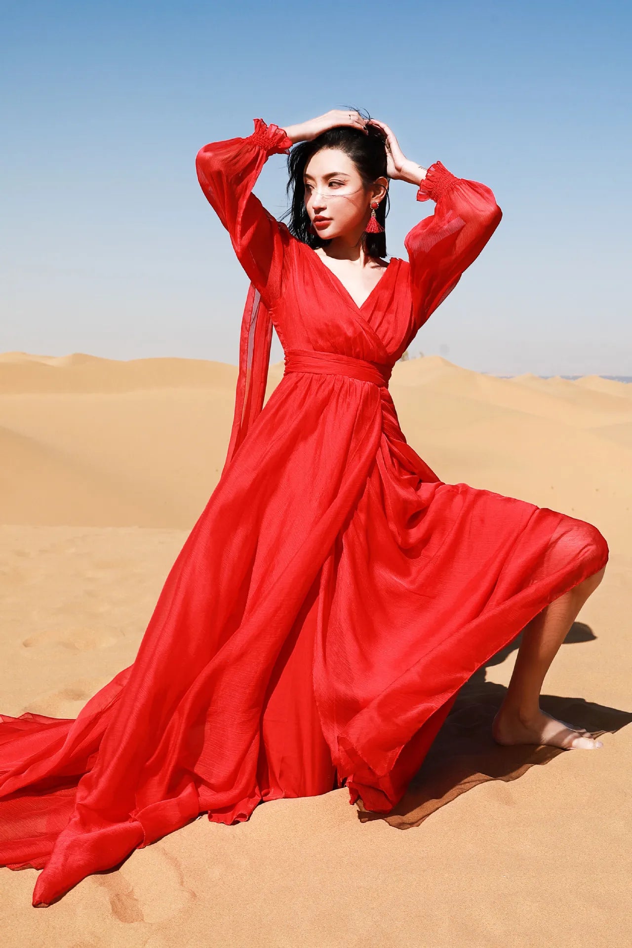 Khalee Yose Vintage Chic Boho Red Maxi Dress V-neck Long Sleeve Women Sexy Ladies Ruffles Holiday Beach Dresses Vestidos 23XXXL - Elevate Your Body