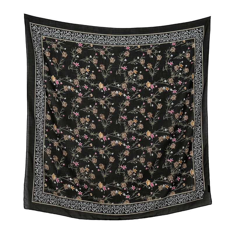 110x110cm Floral Printed Cotton Linen Scarf for Women - Versatile Neckerchief, Turban, and Headband.