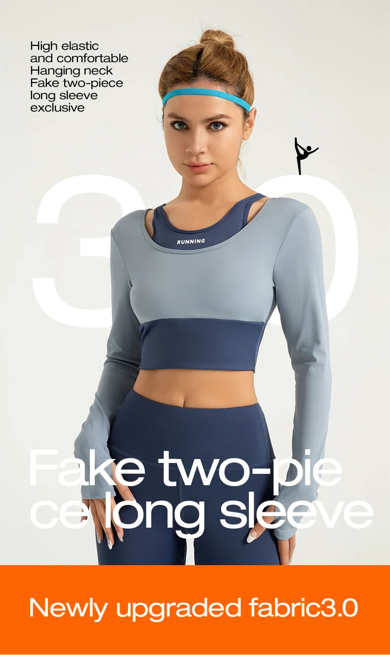 Women Yoga T-shirts Long Sleeve Gym Sport Top Fake Two-piece Built-in Cup Workout Running Shirts Sexy Exposed Navel Yoga Cloths.