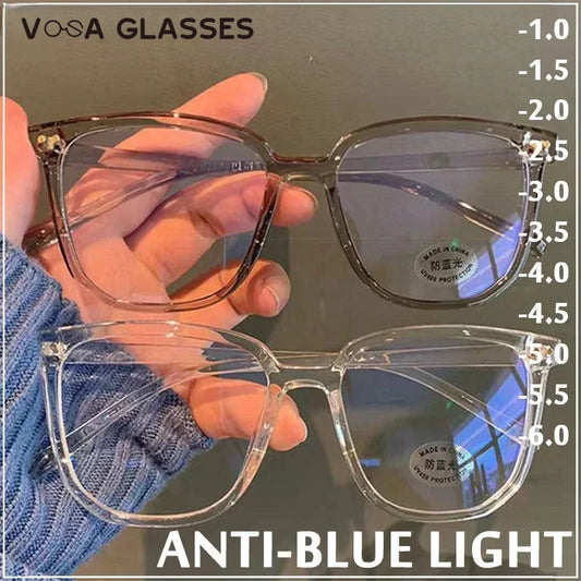 Stylish Oversized Transparent Square Myopia Glasses for Men and Women with Anti-Blue Light Lenses (-600 to 0).