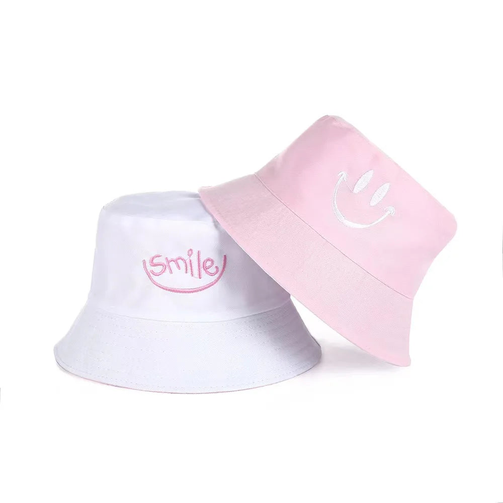 Unisex Smile Embroidered Bucket Hat - Double-Sided Cotton Corduroy Bob Cap for Beach, Fishing, and Casual Outings.