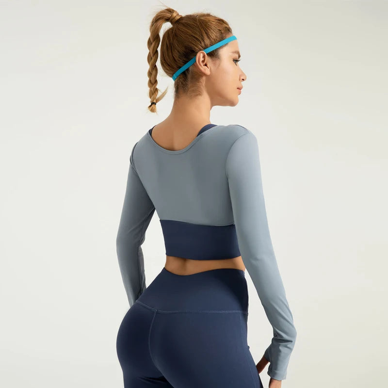 Women Yoga T-shirts Long Sleeve Gym Sport Top Fake Two-piece Built-in Cup Workout Running Shirts Sexy Exposed Navel Yoga Cloths.