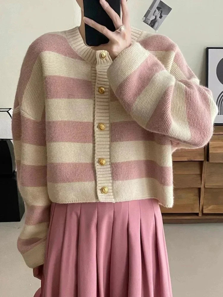 Korean fashion sweater cardigan women knitted striped sweater autumn winter long sleeve loose short cardigans female casual tops.