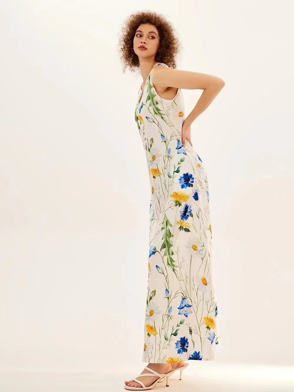 Flower Print New Casual Sleeveless Long Dress Women's V-Neck Printed Dress Swing Bohemian Retro Dresses - Elevate Your Body