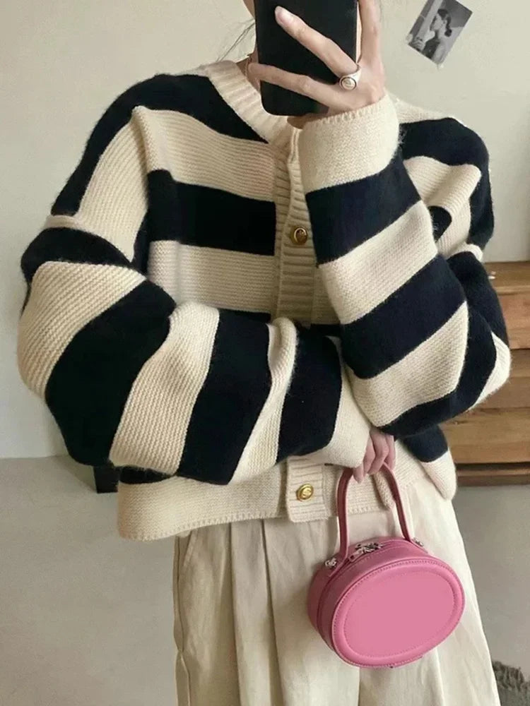 Korean fashion sweater cardigan women knitted striped sweater autumn winter long sleeve loose short cardigans female casual tops.