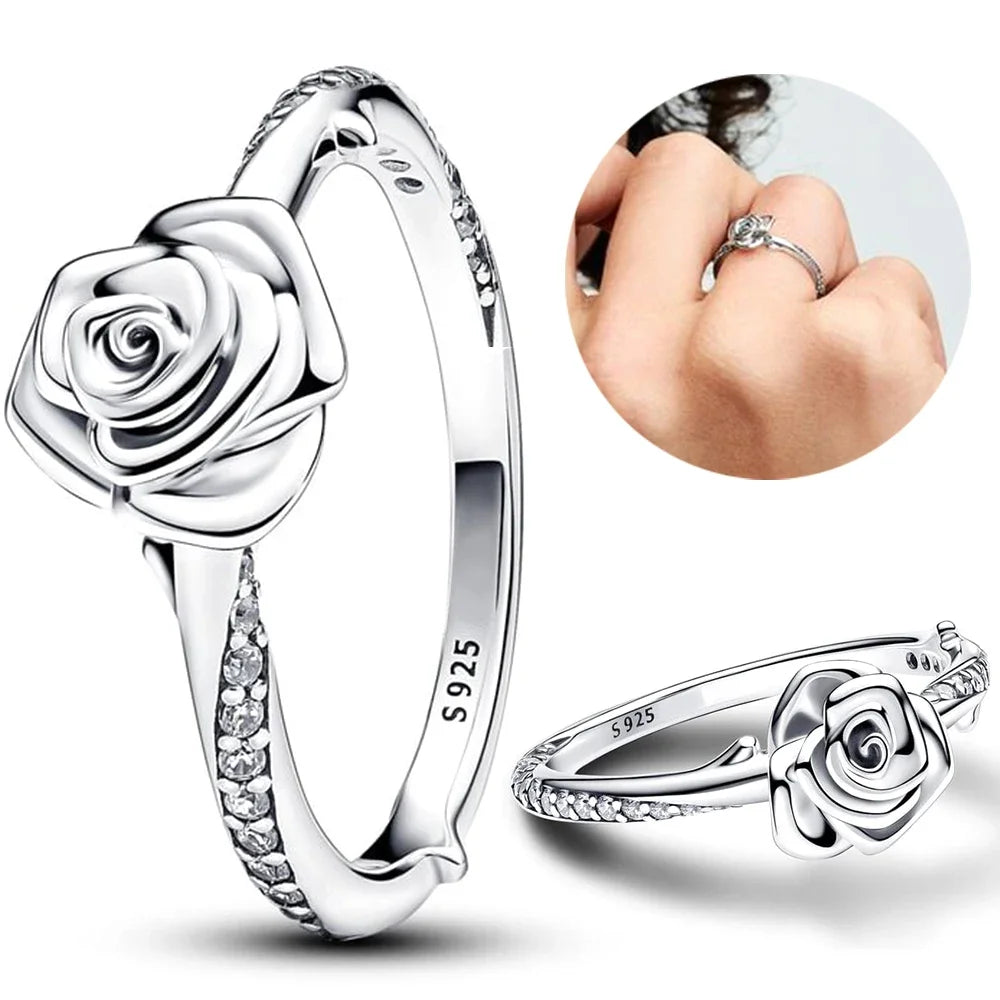 2024 New 925 Silver Ring Rose in Bloom Ring Love Mom Finger Ring Women Mother's Day Fine Jewelry Gift.