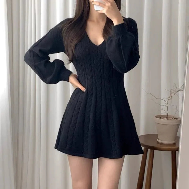 Autumn Winter V-Neck Screw Thread Women's Clothing Solid Color Pullover Long Sleeve Sweater Knitted Casual A-Line Dresses.