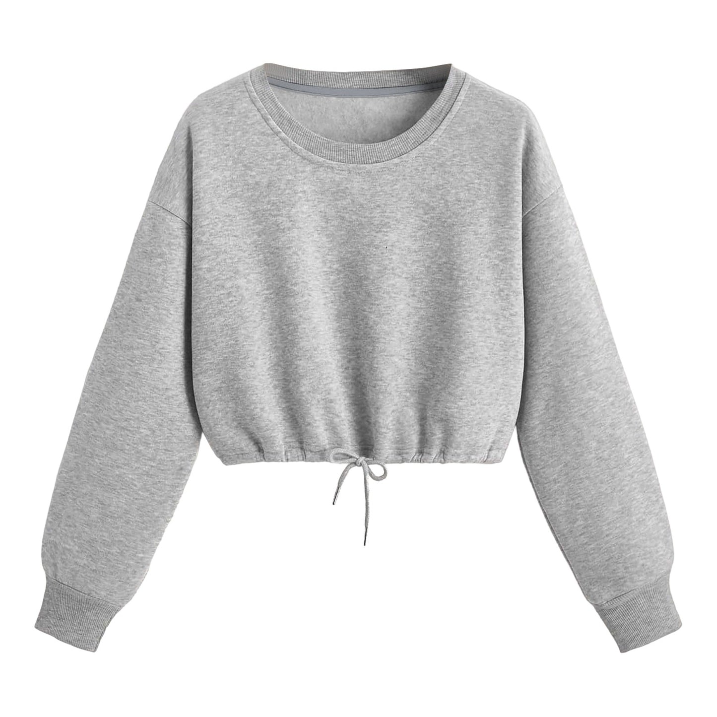 Women Long Sleeve Sweatshirt Fashion Solid Crop Top Soft Daily Loose Drawstring Hem Womens O-Neck Trendy Basic Femme Pullovers.