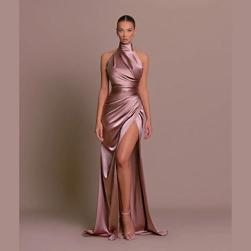 Women Elegant Long Evening Cocktail Party Dress Sexy Halter Backless Ruched High Split Bodycon Wedding Guest Bridesmaid Dress.