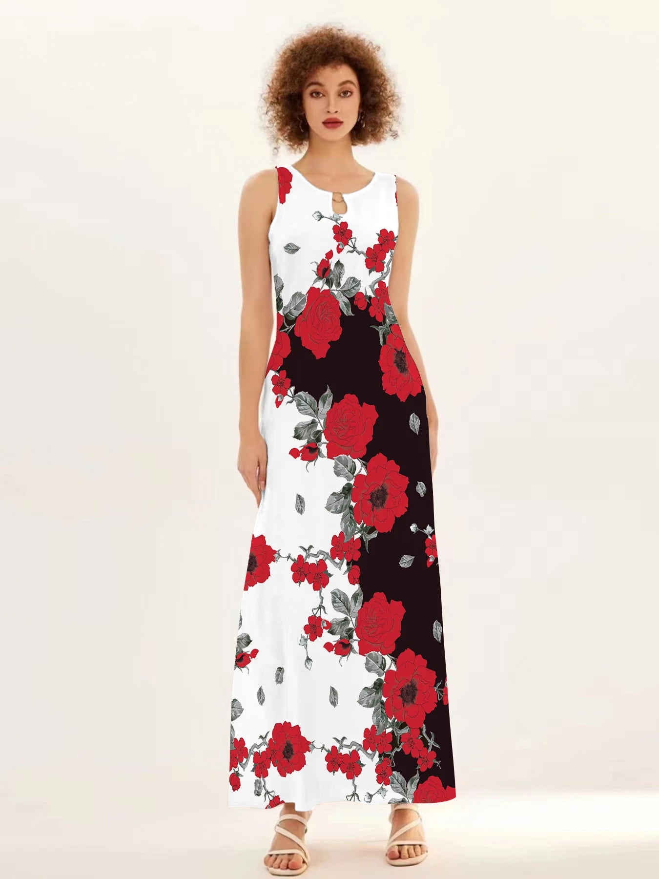 Flower Print New Casual Sleeveless Long Dress Women's V-Neck Printed Dress Swing Bohemian Retro Dresses - Elevate Your Body