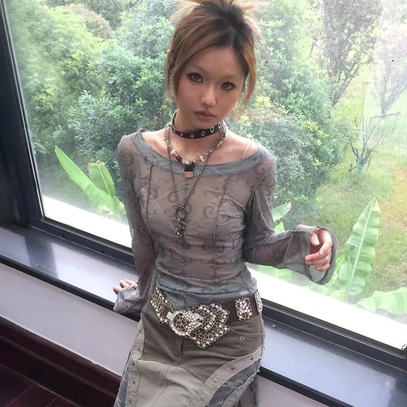 Karrram Grunge Aesthetics Mesh Tops Japanese Y2k Sheer Tops Vintage Harajuku See Through Crop Top Korean Fashion Tie Dye T-shirt.