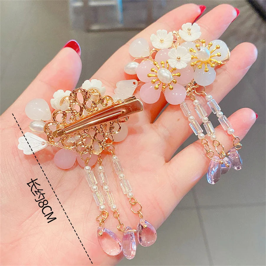 2Pcs/Set New Korean Hanfu Elegant Butterfly Hairpin Flowers Metal Tassel Long Hairgrips Party Hair Accessories Combo Hair Clip.