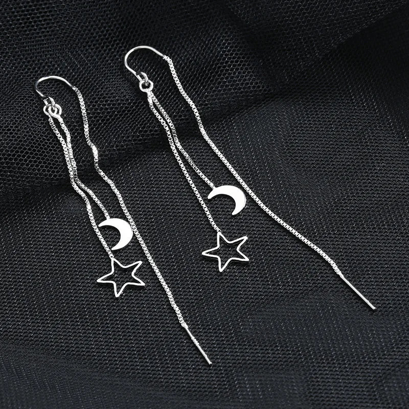 CIAXY Silver Color Earring Chain Asymmetrical Star Moon Long Tassel Earrings For Women Party Jewelry Gifts aretes de mujer.