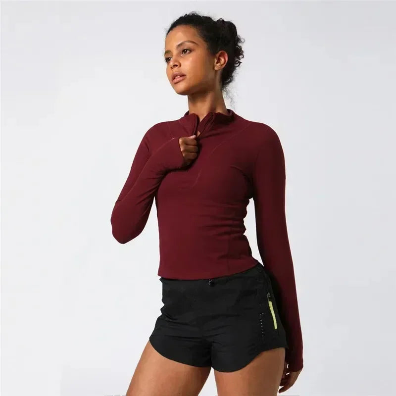 Lemon Women Fitness Long Sleeve Shirt Sports Top Slim Running Front Zip Yoga Shirt Thumb Hole Athletic Tights Running Gym Clothe.